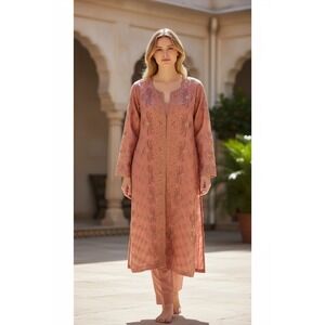 Handmade Vintage Aari‎ Embroidered Long Jacket Tunic Pants Set Shawl Sari Wrap